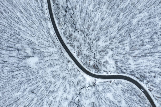 istock Aerial view of winter forest road 1282287820