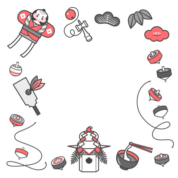 Japanese New Year's Motif Frame / 2 Colors Japanese New Year Motifs and Frames / 2 colors kendama traditional japanese toy stock illustrations