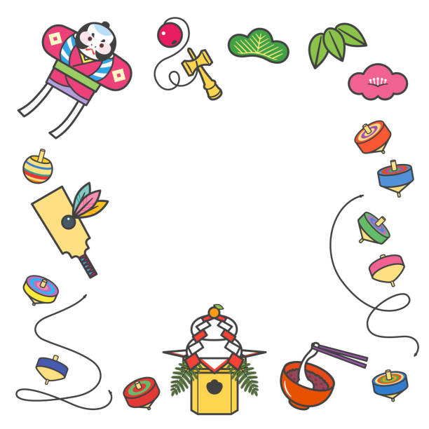 Japanese New Year's Motif Frame / Line Japanese New Year Motifs and Frames / With Lines kendama traditional japanese toy stock illustrations