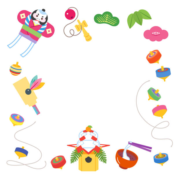 Japanese New Year's Motif Frame / No Contours Japanese New Year Motifs and Frames / No contour line kendama traditional japanese toy stock illustrations
