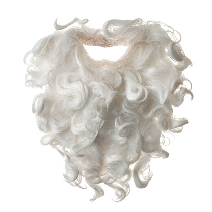 Close up photo of hand made Santa Claus white beard and mustache hair on white background. No people are seen in frame. Shot with a medium format camera in studio.