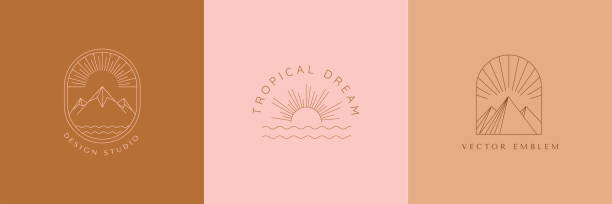 Vector set of linear boho icons and symbols - sun logo design templates - abstract design elements for decoration in modern minimalist style Vector set of linear boho icons and symbols - sun logo design templates - abstract design elements for decoration in modern minimalist style for social media posts, stories, for artisan jewellery, handcrafted products, female business eclipse icon stock illustrations