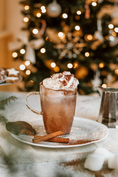 gemütliche weihnachten heiße schokolade mit marshmallows, kekse und weihnachtsbaum - kakao heißes getränk fotos stock-fotos und bilder