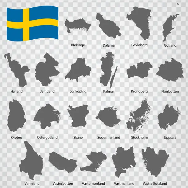 Vector illustration of Twenty one Maps Regions of Sweden - alphabetical order with name. Every single map of Province are listed and isolated with wordings and titles. Kingdom of Sweden. EPS 10.