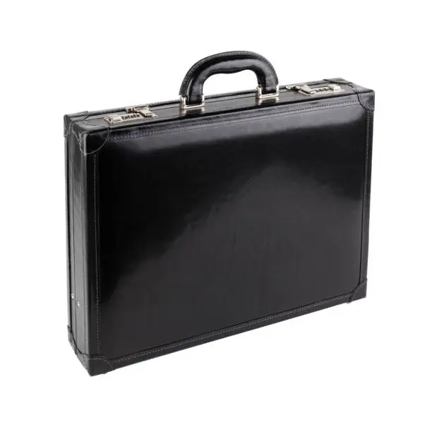 Photo of New black leather briefcase on white background