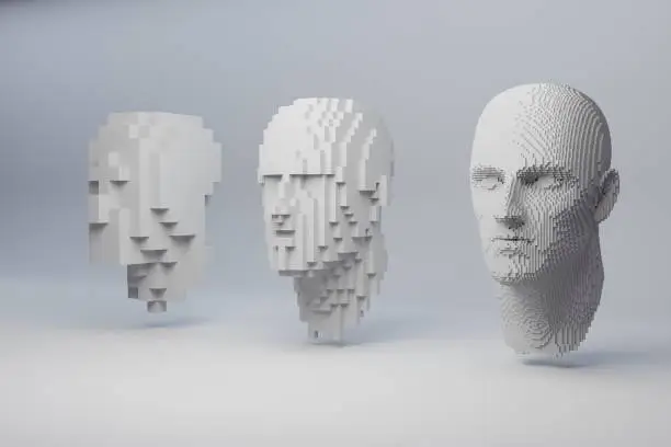 Abstract human face. 3D illustration of a head constructing from cubes. Artificial intelligence concept.