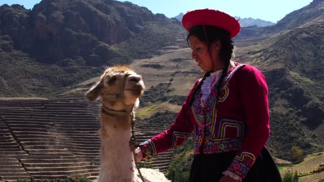 Peruvian young woman with her llama in Sacred Valley, Cusco, Peru