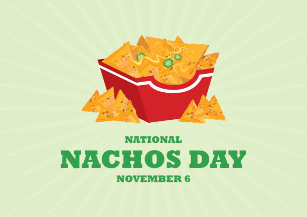 National Nachos Day vector Mexican nachos corn tortilla with cheese and peppers icon vector. Nacho chips in a box vector. Nachos Day Poster, November 6. Important day nacho chip stock illustrations