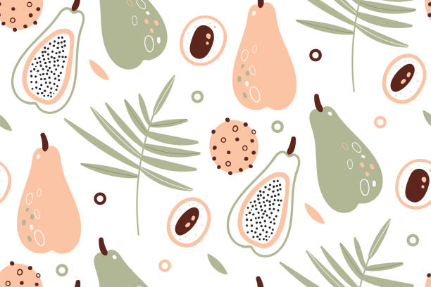 illustrations, cliparts, dessins animés et icônes de modèle de papaye. fruits tropicaux. style scandinave. papier peint aux agrumes. texture vectorielle. icônes plates papaye et feuilles de palmier. nourriture saine végétarienne. motif de transmission de couleur sans couture. végétalien - 3287