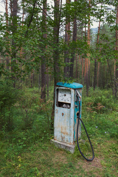 eine alte benzinpumpe zum betanken eines autos wird in einem pinienwald aufgegeben. - old station natural gas russia stock-fotos und bilder