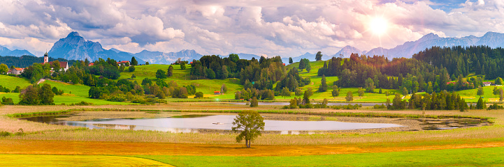 South styria vineyards panorama landscape, place near Gamlitz, Austria, Eckberg, Europe. Grape hills view from wine road in spring. Tourist destination, travel spot.