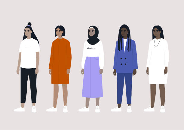 ilustraciones, imágenes clip art, dibujos animados e iconos de stock de una colección diversa de personajes femeninos: asiáticos, árabes, caucásicos y negros - white clothing illustrations