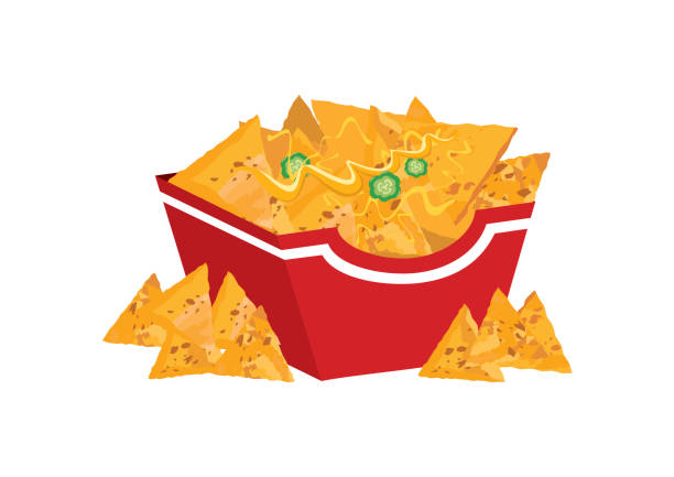 Mexican nacho chips in a box icon vector Mexican nachos corn tortilla with cheese and peppers icon vector. Nacho chips in a box icon isolated on a white background nacho chip stock illustrations
