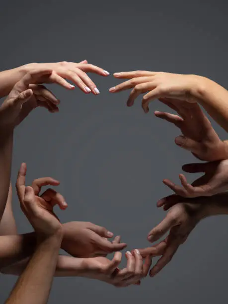 Rounded. Hands of people's crows in touch isolated on grey studio background. Concept of human relation, community, togetherness, symbolism. Light and weightless touching, creating one unit.
