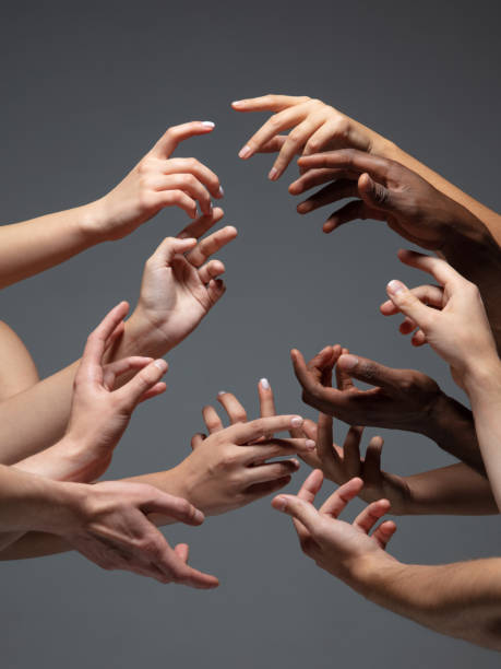 istock Hands of people's crowd in touch isolated on grey studio background. Concept of human relation, community, togetherness, symbolism 1282298470