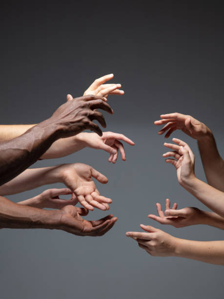 istock Hands of people's crowd in touch isolated on grey studio background. Concept of human relation, community, togetherness, symbolism 1282298480