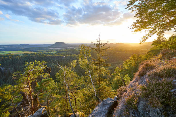 Saxon Switzerland pastel colored View at sunset from area "Brand" to landmark "Lilienstein". elbe valley stock pictures, royalty-free photos & images