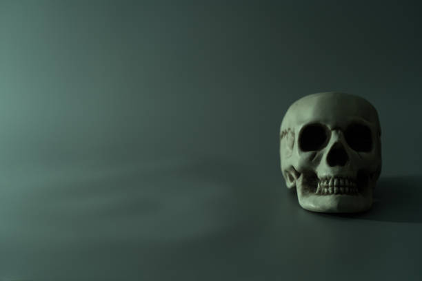 istock Human dead skull head. Halloween party background 1282298759
