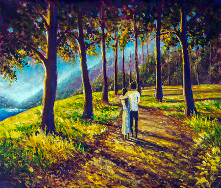 Original hand painted painting couple walking in sunny summer park forest. Road and big trees impressionism artwork