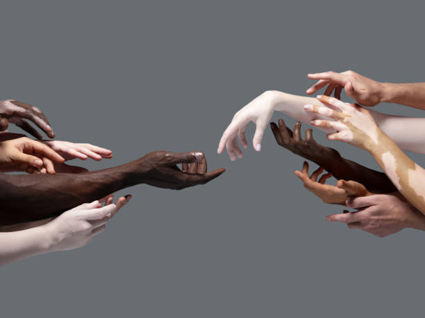 mains de différentes personnes en contact isolées sur fond de studio gris. concept de relation humaine, de communauté, d’unité, d’inclusion - human hand reaching black white photos et images de collection