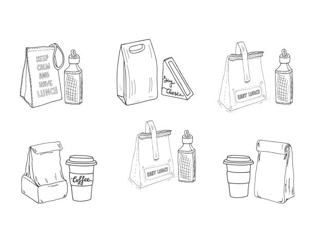 ilustrações de stock, clip art, desenhos animados e ícones de lunch bags and drink set. bottles, coffee cup, lunchbox, triangle sandwich box sketch illustration - sandwich sketch cartoon line art