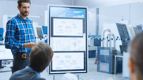 istock On a Meeting Chief Industrial Engineer Reports to a Specialists, Managers, Uses Digital Whiteboard to Show Statistics and New Eco Friendly Engine Concept. Sustainable Green Energy Research 1282300508
