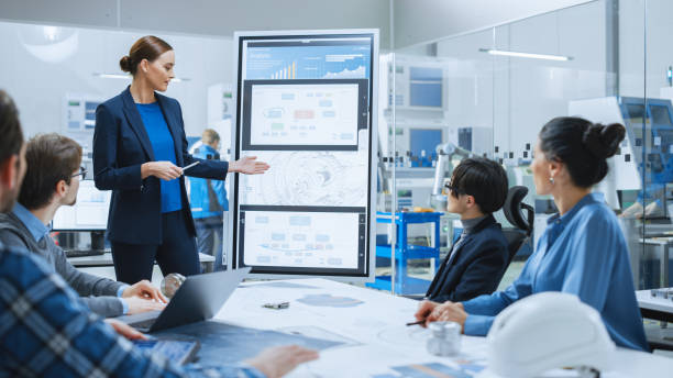 istock Modern Industrial Factory Meeting: Confident Female Engineer Uses Interactive Whiteboard, Makes Report to a Group of Engineers, Managers Talks and Shows Concept of Sustainable Eco-Friendly Engine 1282301027
