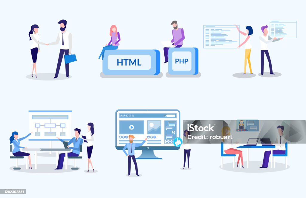 Freelancers People At Work Coding And Programming Stock Illustration ...