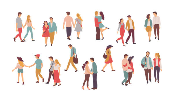 커플 에 사랑 걷기 과 잡고 손 세트 - enfold stock illustrations