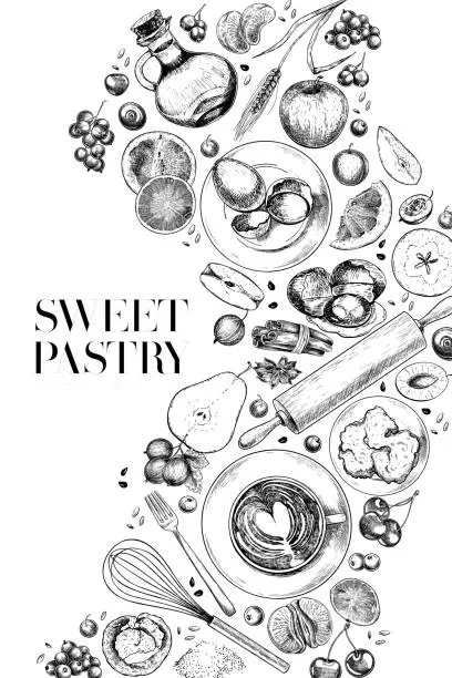 Vector illustration of Hand drawn sweet pastry. Vector bakery, flour, eggs, apple, pear, orange, lemon, blueberry, berries, cinnamon, spices. Cooking a pie. Engraved illustration. Menu, package, food banner design.