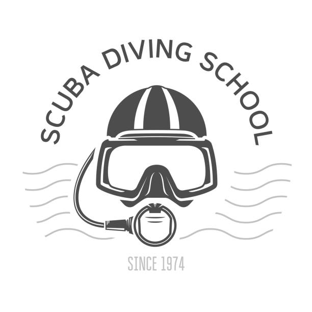 Scuba diving emblems or logo, diving mask and aqualung, underwater swimming design with face of diver Scuba diving emblems or logo, diving mask and aqualung, underwater swimming design with face of diver scuba mask stock illustrations