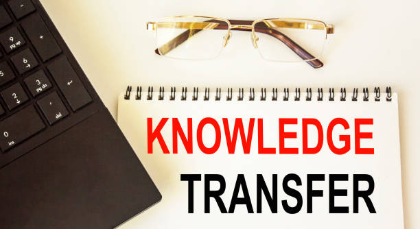 istock KNOWLEDGE TRANSFER, words on white notepad, near laptop and glasses .Business concept 1282307281