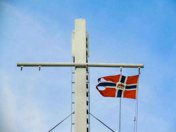 Norwegian flag on Fjord1 Fylkesbaatane ferry from Vangsnes to Dragsvik in Norway.