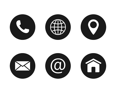 Round contact and communication icon. Call us, location, internet, mail and home icons. Isolated on white