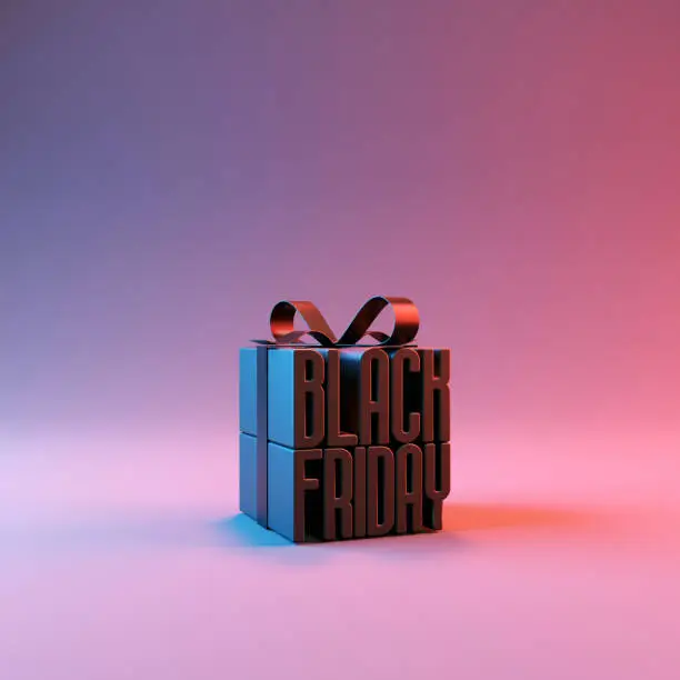 Black friday in gift box wrapped with black ribbon on blue and pink background, idea and creative, copy space. 3d render.