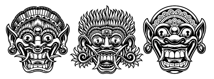 A set of black and white illustrations of traditional Indonesian masks isolated on white background.