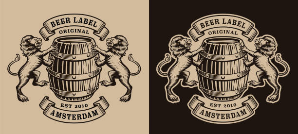 черно-белая эмблема пивоварни с бочкой и львами. - оборудование иллюстрации stock illustrations