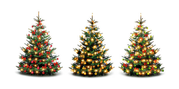 istock Colorfully decorated Christmas trees against a white background 1282310364
