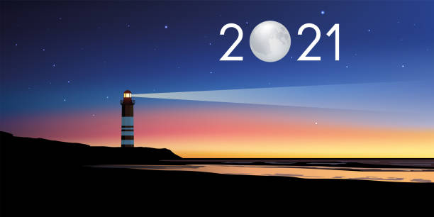 2021 поздравительная открытка с концепцией маяка, выступающей в качестве ориентира в освещении сумерки - центр внимания иллюстрации stock illustrations