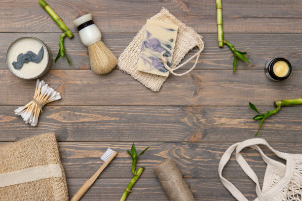 istock Flat lay shaving tools and bathroom accessories for man on wooden background. Zero waste concept. 1282313076