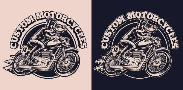 ilustrações de stock, clip art, desenhos animados e ícones de a black and white emblem with a wolf on a motorcycle for a biker theme - country and western music illustrations