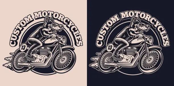 Vector illustration of A black and white emblem with a wolf on a motorcycle for a biker theme
