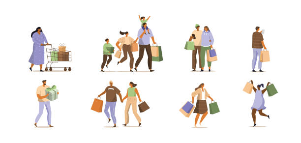 people with purchases People Character holding Shopping Bags with Purchases. Woman and Man Customers Buying on Seasonal Sale in Store, Fashion Mall. Buyers Characters Collection. Flat Cartoon Vector Illustration. happy family shopping stock illustrations