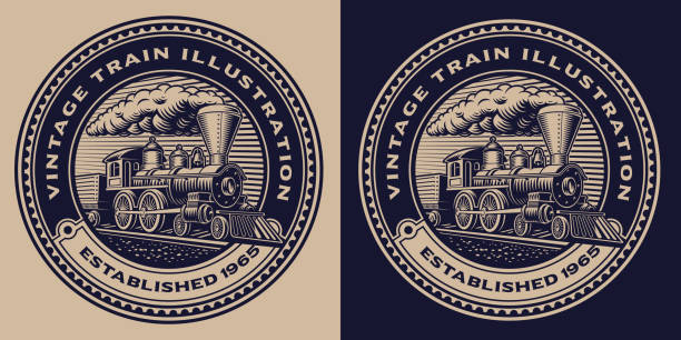 A black and white emblem with a vintage train. A black and white round emblem with a vintage train. This design can also be used as a shirt print or as a logotype steam train stock illustrations