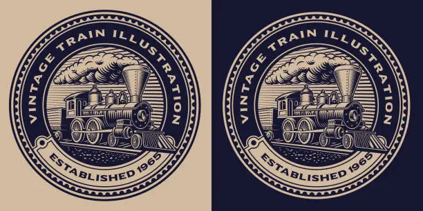 Vector illustration of A black and white emblem with a vintage train.