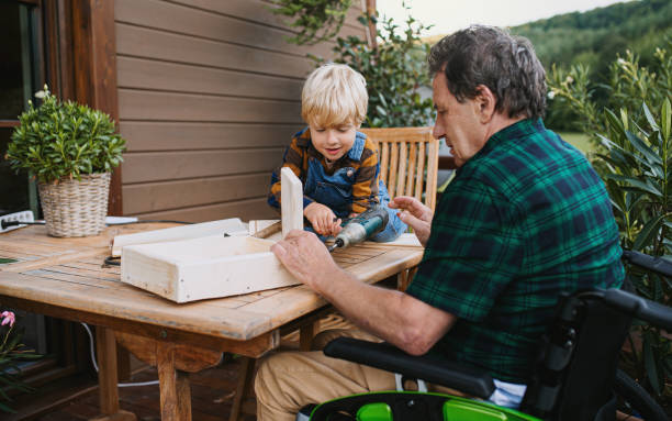 istock Small boy with senior grandfather in wheelchair constructing birdhouse, diy project. 1282315213