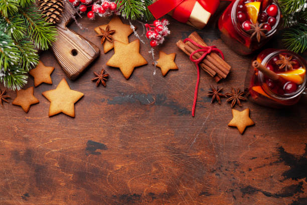 istock Christmas greeting card with cookies and mulled wine 1282316126