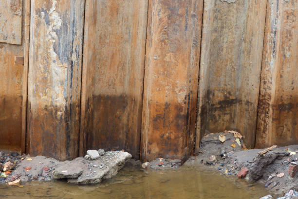 Larssen sheet pile wall in a pit with water. Larsen tongue construction