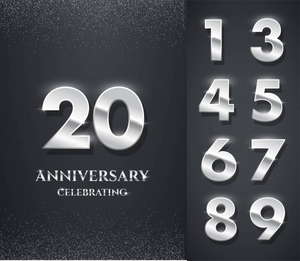 ilustrações de stock, clip art, desenhos animados e ícones de silver anniversary logo with numbers template. 20th birthday, jubilee or wedding anniversary vector illustration. invitation to celebrate. shiny numbers on black background with glitter - twenty first