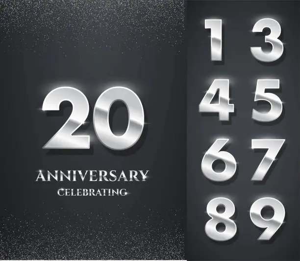 Vector illustration of Silver anniversary logo with numbers template. 20th birthday, jubilee or wedding anniversary vector illustration. Invitation to celebrate. Shiny numbers on black background with glitter